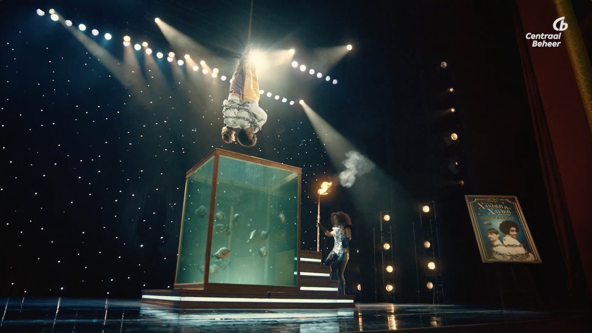 Opname televisiecommercial Centraal Beheer podium van theater eventlocatie Stadsschouwburg Haarlem