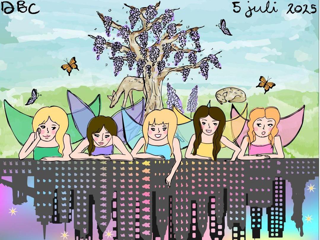 Poster met gekleurde feeën in een bos met bomen en dieren.